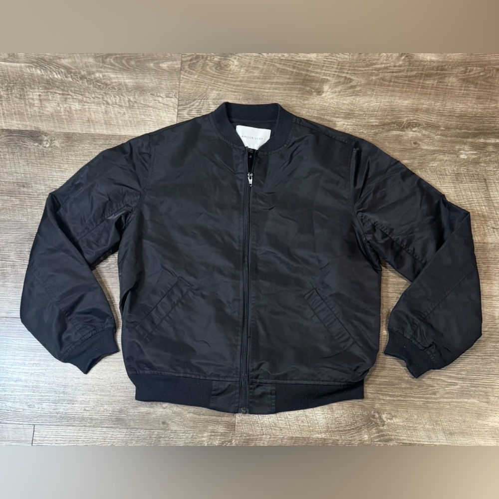 Amour Vert Women's Black Vegan Nylon Stylish Bomber Jacket Full Zip, Sz SM